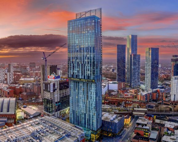 Manchester City centre Aerial night view of Deansgate Square and Beetham Tower Manchester northern England. City Centre at sunrise with coloured sky